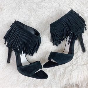 NWOB ALICE + OLIVIA Black Suede Fringe High Heels Black Chic 38